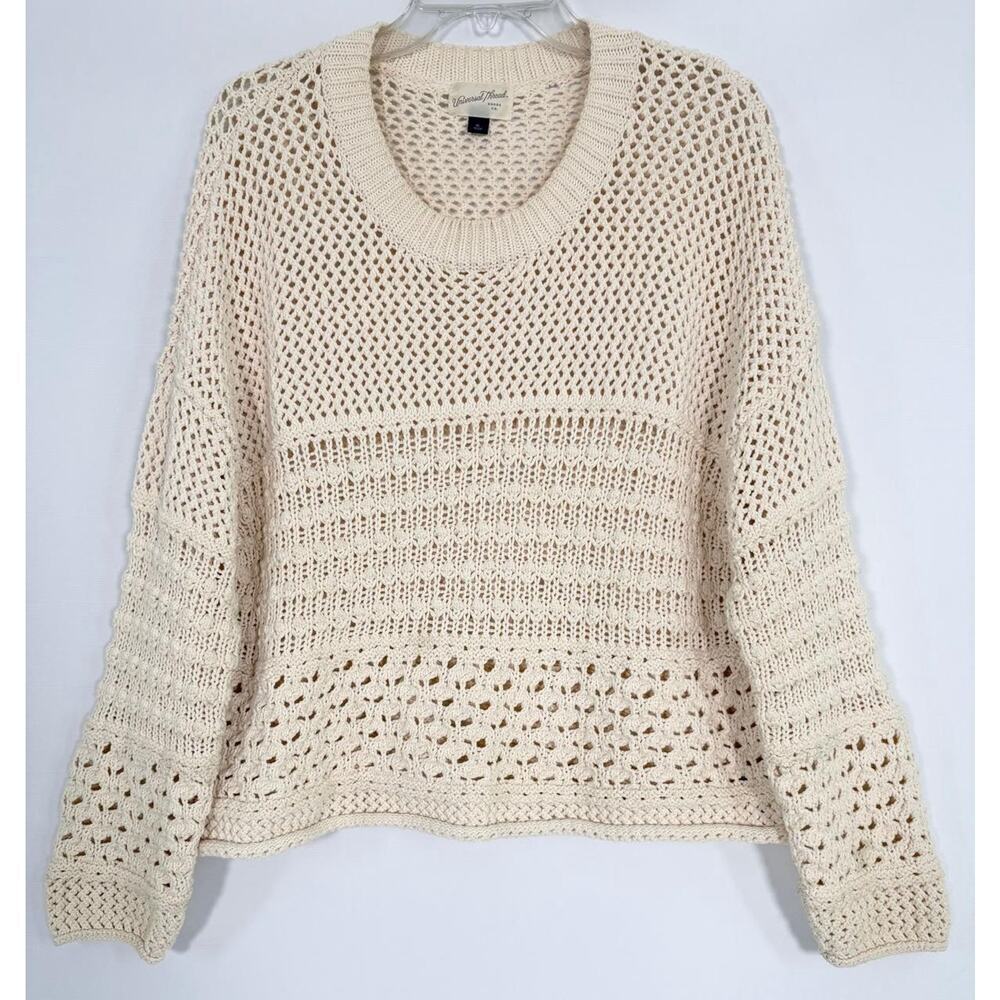 Women’s Ivory Cable Knit Open Weave Long Sleeve‎ Boatneck Sweater Tunic Sz XL